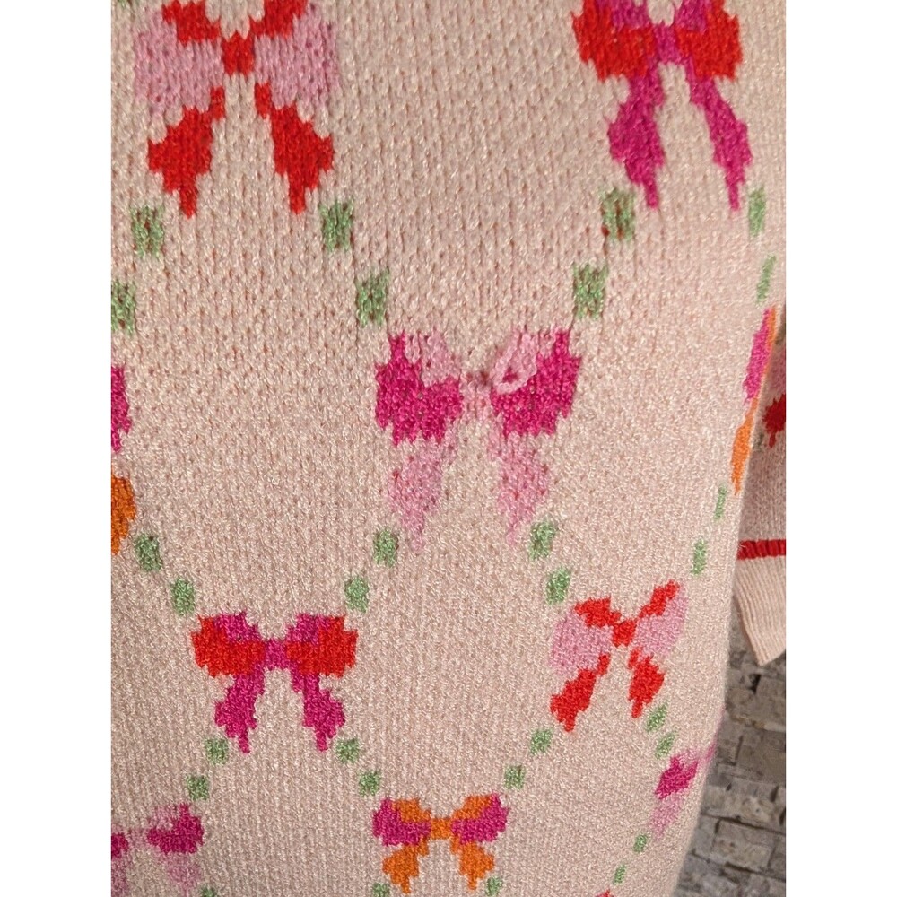 NWT Bow Print Coquette Artsy Cream Sweater Colorful Preppy - Picture 3 of 15